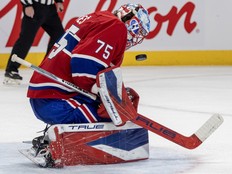 Canadiens' Jakub Dobes makes a save during second period against the Toronto Maple Leafs in Montreal on March 10.