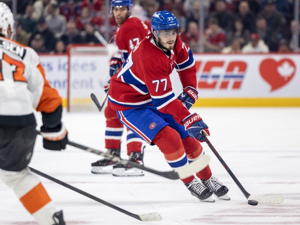 Canadiens forward Kirby Dach makes a backhand pass during third period against the Philadelphia Flyers in Montreal on Nov. 4, 2025.