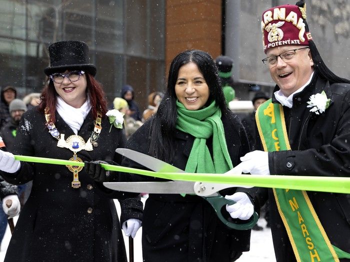 United Irish Societies of Montreal president Lori Morrison, left, Mayor Soraya Martinez Ferrada and parade grand marshal Gary McKeown kick off the St. Patrick’s Parade in Montreal on Sunday, March 22, 2026. United Irish Societies of Montreal president Lori Morrison, left, Mayor Soraya Martinez Ferrada and parade grand marshal Gary McKeown kick off the St. Patrick’s Parade in Montreal on Sunday, March 22, 2026.