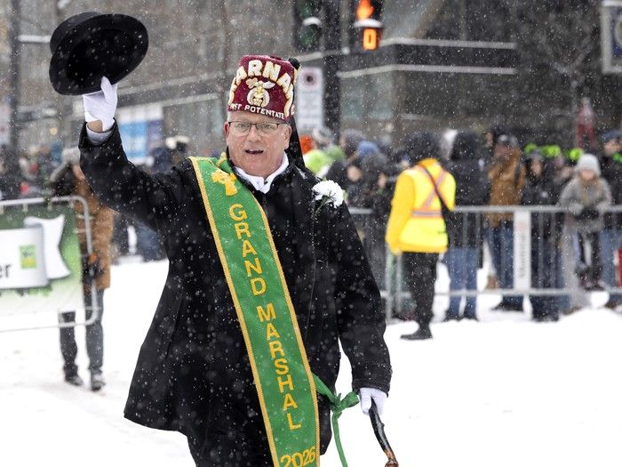 Grand marshal Gary McKeown marches in the St. Patrick’s Parade in Montreal on Sunday, March 22, 2026. Grand marshal Gary McKeown marches in the St. Patrick’s Parade in Montreal on Sunday, March 22, 2026.