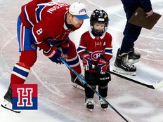 Montreal Canadiens defenceman Mike Matheson (8) coaches his son Hudson before competing in the speed trials during the Montreal Canadiens skills competition, in Montreal, on Sunday, February 22, 2026.