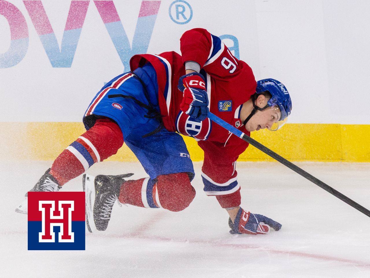Montreal Canadiens Zachary Bolduc steadies himself after losing his balance during third period of National Hockey League game against the Chicago Blackhawks in Montreal Thursday December 18, 2025.