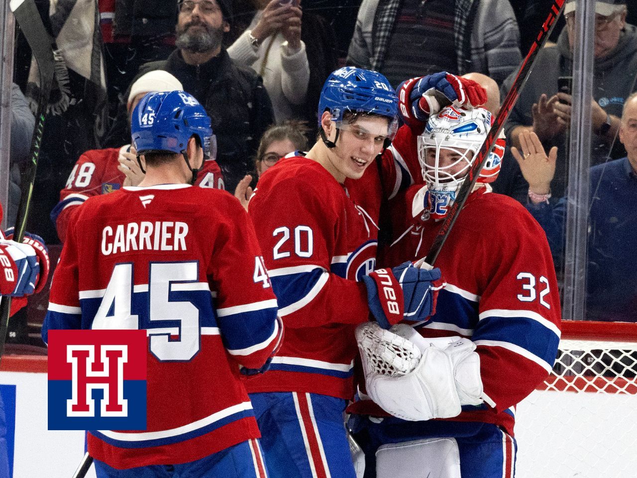 Montréal Canadiens left wing Juraj Slafkovský (20) celebrates beating the Calgary Flames 4-1 with Montréal Canadiens goaltender Jacob Fowler (32) during 3rd period NHL action in Montreal, on Wednesday, January 7, 2026.