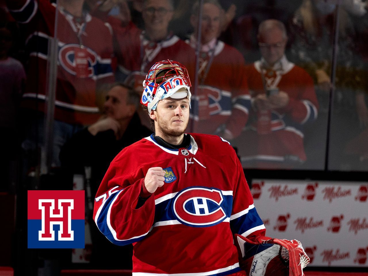 Montréal Canadiens goaltender Jakub Dobes (75) reacts after being named 2nd star during NHL action against the Boston Bruins in Montreal on Tuesday March 17, 2026.