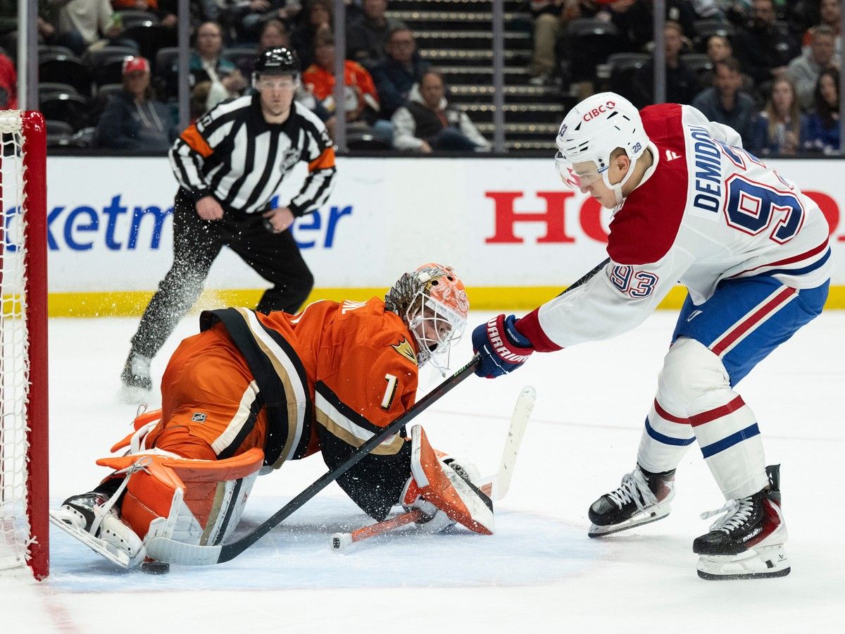  Anaheim Ducks goaltender Lukas Dostal blocks the shot by Canadiens’ Ivan Demidov during the second period on Friday, March 6, 2026, in Anaheim, Calif.