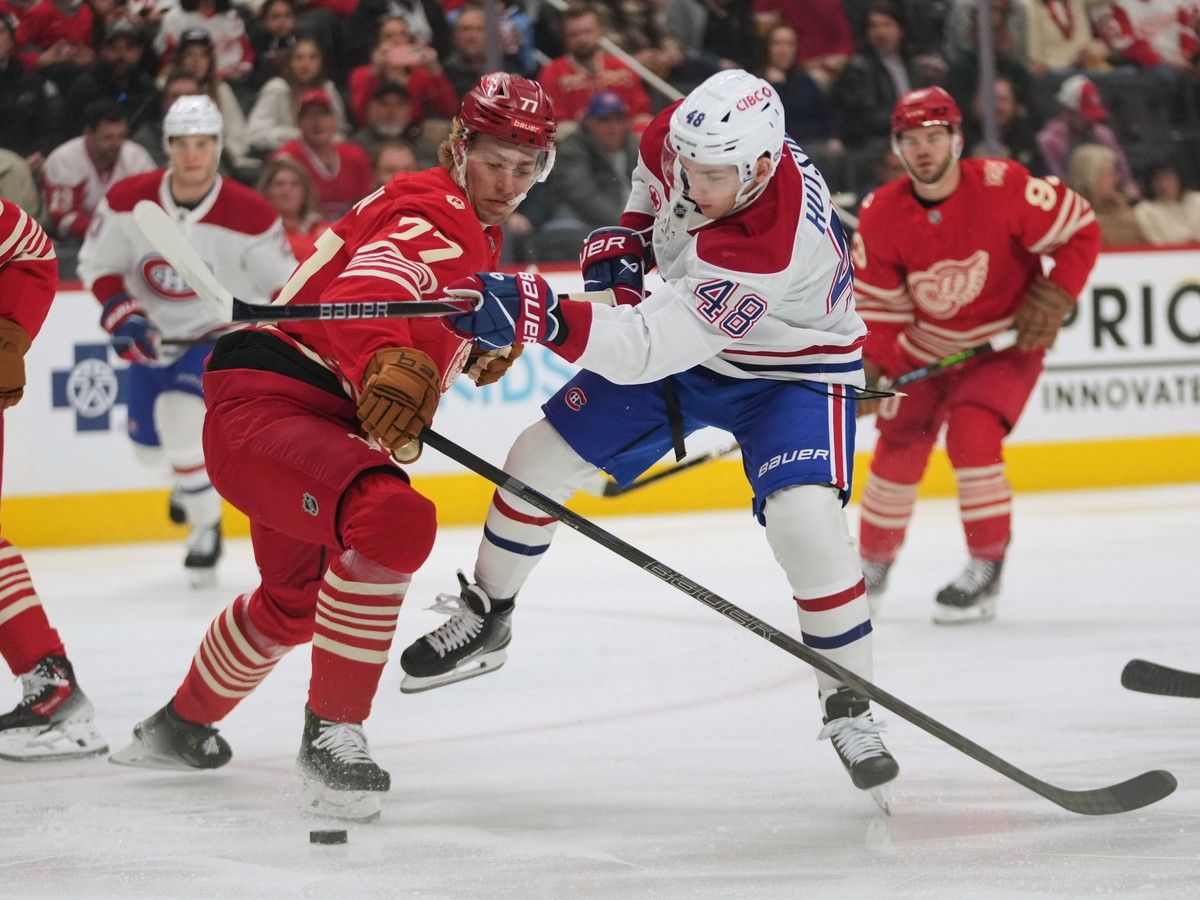 Hockey defenceman defends against an opponent trying to take a shot.