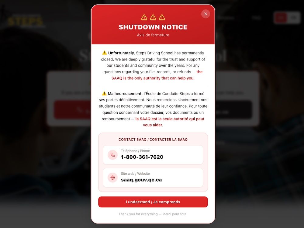 SAAQ revokes certification for Steps Driving School in Dorval