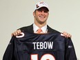 Tim Tebow is introduced by the Denver Broncos at a press conference at the Broncos Headquarters in Dove Valley on April 23, 2010 in Englewood, Colorado.