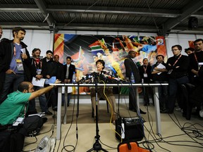 French Sports Minister Roselyne Bachelot gives a press conference in Bloemfontein on June 21, 2010 during the 2010 World Cup tournament in South Africa. Bachelot earlier hold crisis talks with the national football team's mutinous players and coach Raymond Domench after the squad refused to train at the World Cup