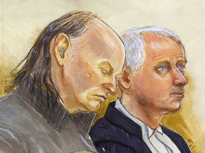 Drawings by Felicity Don, of inside the courtroom during the jury reading the guilty verdict of Robert Pickton in 2007. This drawing shows Pickton (left) with his defence counsel Peter Ritchie.