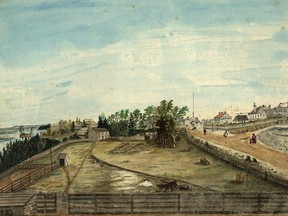 A painting of Wellington Street, looking east, in 1845, by Thomas Burrowes, one of the first persons to take up land and build a home on the street.