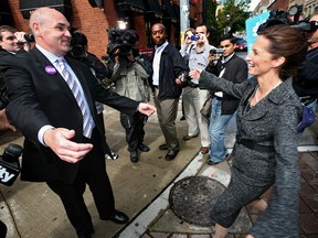 Sarah Thomson, right, is seen here with mayoral candidate George Smitherman after she announced that she was bowing out of the mayoral race and throwing her support behind Smitherman.