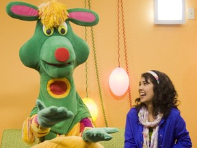 TVOKids host Kara Harun and Polkaroo chat at the TVO studios in Toronto. What about? "Polkaroo, polkaroo, polkaroo, polkaroo, polkaroo, polkaroo," naturally!