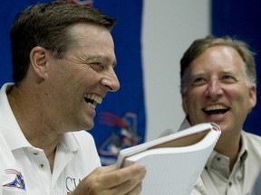 Former Montreal Alouette Tony Proudfoot, left, announced to the media that he has Lou Gehrig's disease (ALS) on Thursday, June 28, 2007 at Olympic Stadium.