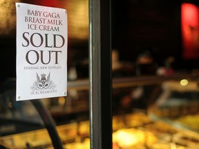 A notice informing customers that 'Baby Gaga breast milk ice cream' has sold out is pictured in the window of the Icecreamists cafe in central London, on February 25, 2011. Ice cream made with breast milk has proved a big hit in a London restaurant, with the first batch sold out within days of it going on sale, its makers said Friday. The ice cream, called Baby Gaga, is made with milk expressed by 15 women who replied to an advertisement posted on an online mothers' forum.