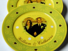 Royal wedding chinaware plates featuring images of Britain's Prince William and Kate Middleton.