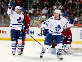 Phil Kessel of the Toronto Maple Leafs celebrates his first period goal during the NHL game against the Montreal Canadiens at the Bell Centre on February 24, 2011 in Montreal, Quebec, Canada.