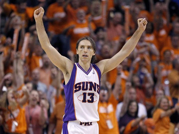 Phoenix Suns Steve Nash wears the Los Suns jersey which is indicative of  the immigration controversy in Arizona during the first quarter of Game 2  of the second round of the NBA
