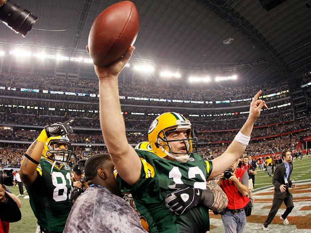 Super Bowl MVP and Green Bay Packers quarterback Aaron Rogers celebrate  after winning Super Bowl XLV at Cowboys Stadium in Arlington, Texas on  February 6, 2011. The Green Bay Packers beat the