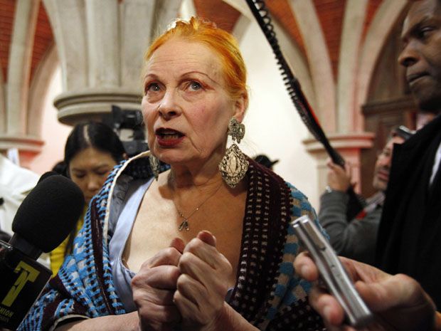 Designer Vivienne Westwood talks to reporters before the presentation of her Fall/Winter 2011 collection at London Fashion Week February 20, 2011