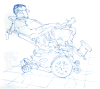 Sketch from photo of Marine Corporal Zachary Stinson checking out his new chair for speed.
