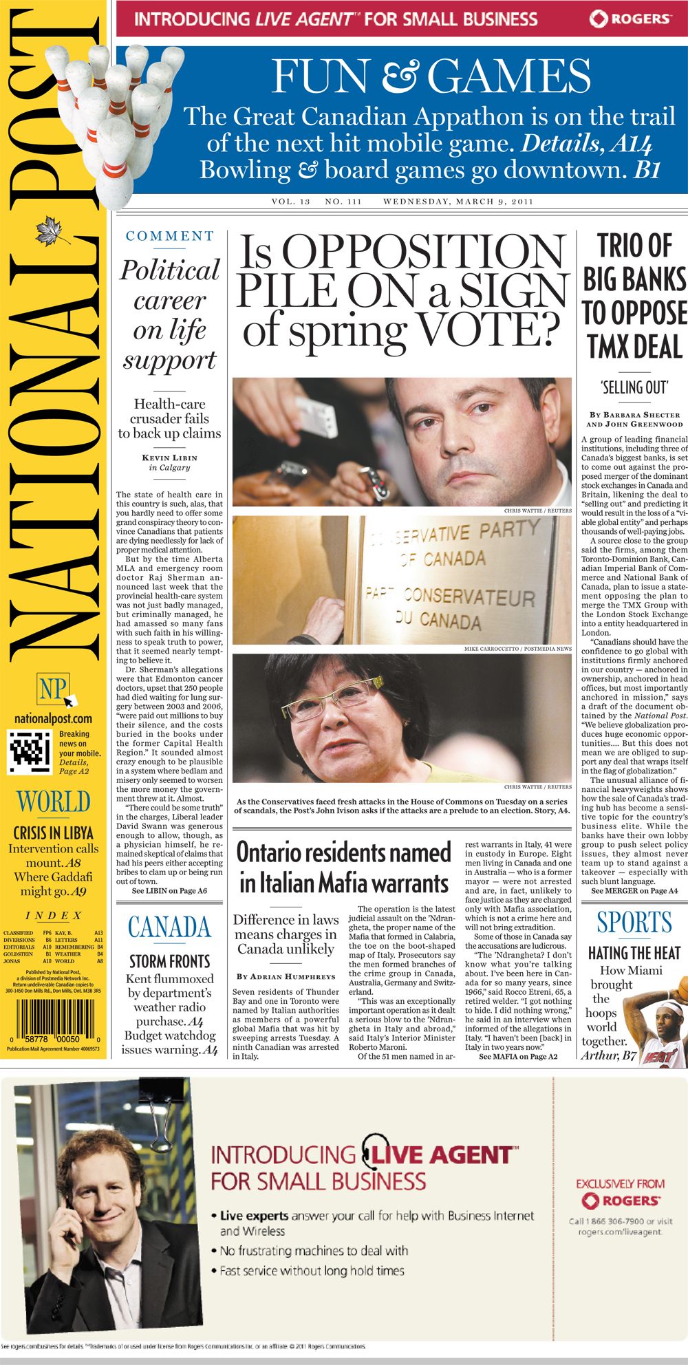 National Post front page for March 9, 2011 | National Post