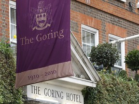 Flags are seen flying outside the Goring Hotel in London in this April 13, 2011.Royal bride-to-be Kate Middleton will spend her last night as a commoner in a five-star hotel next door to Buckingham Palace, officials confirmed on April 15, 2011.