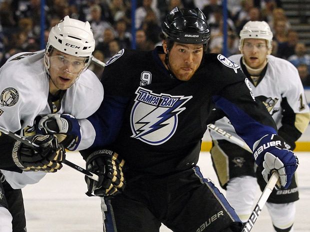 Steve Downie of the Tampa Bay Lightning controls the puck during