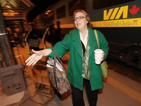 Green Party leader Elizabeth May prepares to board a Via Rail train bound for Montreal at Toronto's Union Station and will do whistle stop campaigning for the Federal election throughout, Friday April 8, 2011
