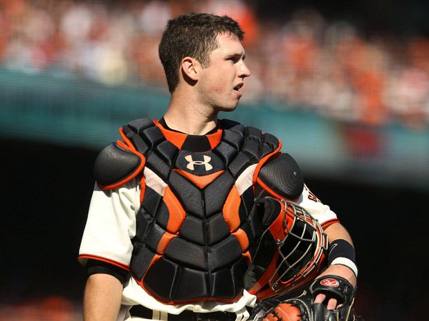 Buster Posey leaves game after taking foul tip to face mask 