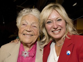 Bonnie Crombie, right, celebrates her September 19, 2011, byelection win with Mississauga mayor Hazel McCallion