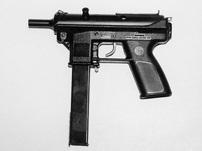 A TEC 9 pistol similar to the one found in the weapons cache. The TEC 9. The TEC 9 was one of the guns used in the Columbine shootings, and is banned in many jurisdictions.