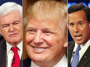 Donald Trump, centre, will host a debate between Newt Gingrich, left, and Rick Santorum, right