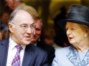 LONDON, UNITED KINGDOM:  Baroness Margart Thatcher speaks with Conservative Party leader, Michael Howard, before a ceremony to mark the installation of the memorial gates at St Paul's Cathedral dedicated to Sir Winston Churchill in the cathedral's crypt, in central London 30 November, 2004.      AFP PHOTO/CHRIS YOUNG/WPA POOL  (Photo credit should read CHRIS YOUNG/AFP/Getty Images)