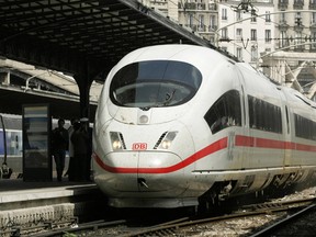 The German ICE high-speed train arrives from Frankfurt into the Gare de l'Est railway station during its trip to Paris.