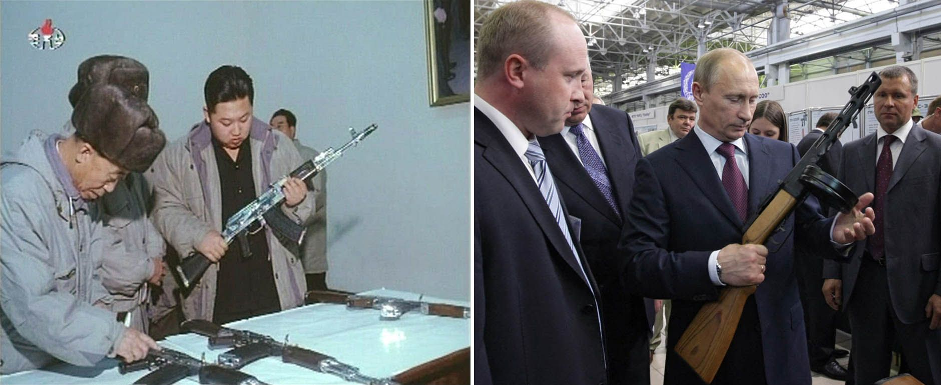 (L) New leader of North Korea Kim Jong-un inspects weapons in this undated still image taken from video at an unknown location in North Korea released by North Korean state TV KRT on January 8, 2012. (R) Russian Prime Minister Vladimir Putin (C) listens to explanations as he visits IZHMASH Izhevsk Mechanical Works, a weapons manufacturer, in Izhevsk on May 25, 2010.