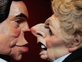 LONDON - JUNE 15:  Puppet figures of the Chancellor of the Exchequor, Gordon Brown and former Conservative Prime Minister, Margaret Thatcher for the satirical Television show Spitting Image are displayed at Bonhams auctioneers on June 15, 2007 in London, England.  The puppets are expected to fetch between GBP3-4,000 at auction on 20 June. (Photo by Bruno Vincent/Getty Images)