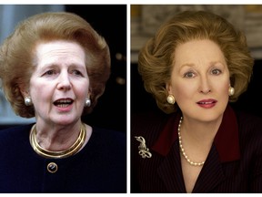 Former Prime Minister Lady Thatcher (L) is shown in this 1997 file photo combined with a publicity photo of actress Meryl Streep portraying Thatcher in her new film "The Iron Lady" in this combination photo December 26, 2011. REUTERS/Russel Boyce/Files and Alex Bailey/Courtesy of Pathe Productions Ltd/ The Weinstein Company/Handout