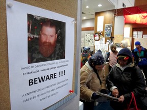 A 2012 poster in the Vancouver Area Network of Drug Users office warns Downtown Eastside residents about the brother of serial killer Robert Pickton. The poster alleges that David Pickton is a sexual predator and that he has been seen in the area.