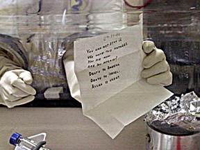 This file photograph shows letters being tested for Anthrax in 2001. That year five people were killed when pathogen-laced letters were sent to Congress. This week, hundreds of letters laced with a white substance have been sent to Senators, House members and TV shows, though none so far have actually contained Anthrax.