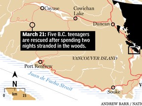 One of the stranded teenagers walked to his home Caycuse, B.C., about 20 kilometres from where the group was stranded.