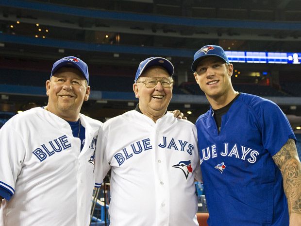 Toronto Blue Jays' Brett Lawrie keeps an eye on his hands