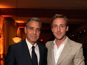 George Clooney and Ryan Gosling attend "The Ides of March" party hosted by GREY GOOSE Vodka at Soho House Pop Up Club during the 2011 Toronto International Film Festival on September 9, 2011 in Toronto.