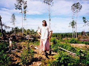 Joe O'Connor wears a pink skirt while tree planting in northeastern Ontario in this 1995 photo