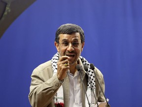 Iranian President Mahmoud Ahmadinejad speaks at the conclusion of an annual pro-Palestinian rally, marking Quds (Jerusalem) Day, on the last Friday of the holy month of Ramadan, at the Tehran University campus, in Tehran, Iran, Friday, Aug. 17, 2012. Iran's president says Israel's existence is an "insult to all humanity." It's one of his sharpest attacks yet against the Jewish state. It comes as Israel openly debates whether to attack Iran over its nuclear program. Iran and Israel have been bitter enemies for decades. Israel considers Iran an existential threat because of its nuclear and missile programs and repeated references by Iranian leaders to Israel's destruction. (AP Photo/Vahid Salemi)