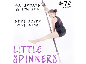 Local Input~ Duncan, BC Sept. 4., 2012 -- This is an ad for Twisted Grip DAnce an Fitness Studio's Little Spinners classes offered to teach young children pole fitness skills. The class is offered by instructor Kirsty Craig this fall. Other such classes have made headlines before, both in BC and abroad. Submitted photo (For a story by Elaine O'Connor)