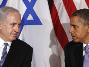 U.S. President Barack Obama (R) meets Israel's Prime Minister Benjamin Netanyahu at the United Nations in New York in this file photo taken September 21, 2011.  The White House denied on Tuesday that President Barack Obama refused a request from Israeli Prime Minister Benjamin Nentayahu to meet in the United States this month but said no meeting would take place, citing conflicts in the leaders' schedules.  REUTERS/Kevin Lamarque/Files   (UNITED STATES - Tags: POLITICS)