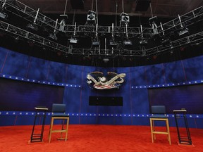 Two chairs that will be used by U.S. President Barack Obama and Republican presidential nominee Mitt Romney sit empty during preparations for Tuesday's presidential debate, at Hofstra University in Hempstead, New York October 15, 2012. REUTERS/Lucas Jackson (UNITED STATES - Tags: POLITICS ELECTIONS USA PRESIDENTIAL ELECTION)