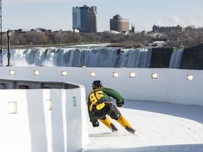 In Niagara Falls, which is staging the event for the first time, the track is 460 metres long, with a half-dozen jumps. It looks like an extra-wide bobsleigh track, and organizers say it took about 7,500 hours to assemble. (Scott Serfas/Red Bull Content Pool)