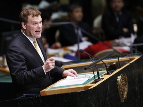 Canadian Foreign Minister John Baird addresses the United Nations General Assembly at UN Headquarters, in New York, November 29, 2012.